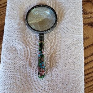 Vintage Floral Cloisonne or Enamel Magnifying Glass, Brass?